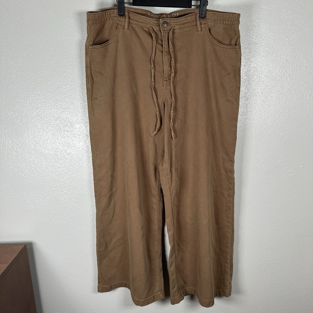 American Eagle Ultra Wide Leg Pants Womens Sz 18R Brown Drawstring Waist Stretch